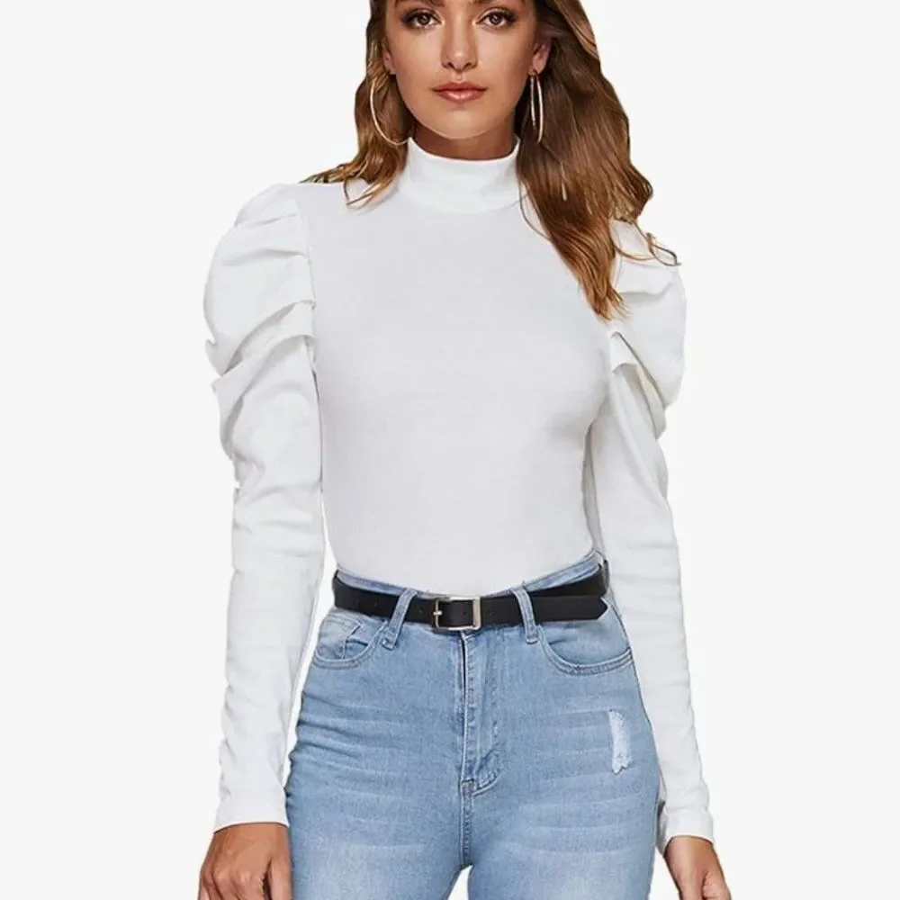 Shein Women's Elegant Puff Sleeve Mock Neck Top - Picture 3 of 5